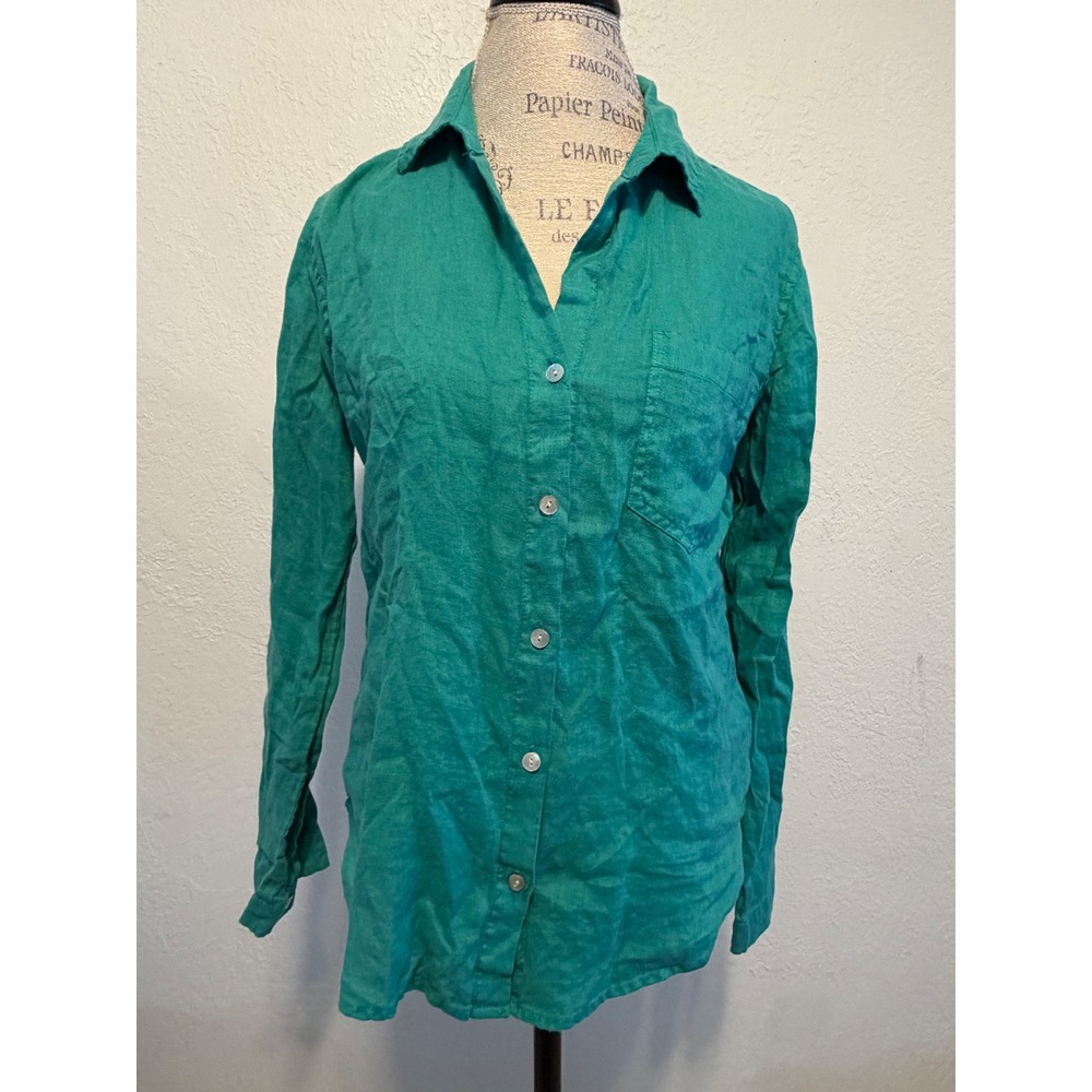 Bella Dahl Green 100% Linen Button Down Shirt Long Sleeve Pocket Small B2808-653